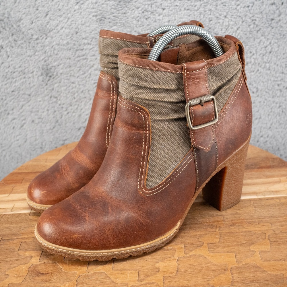 Timberland Ankle Boots Women 8.5 Brown‎ High Heel Chunky Zip Up Buckle Ortholite - Picture 3 of 7